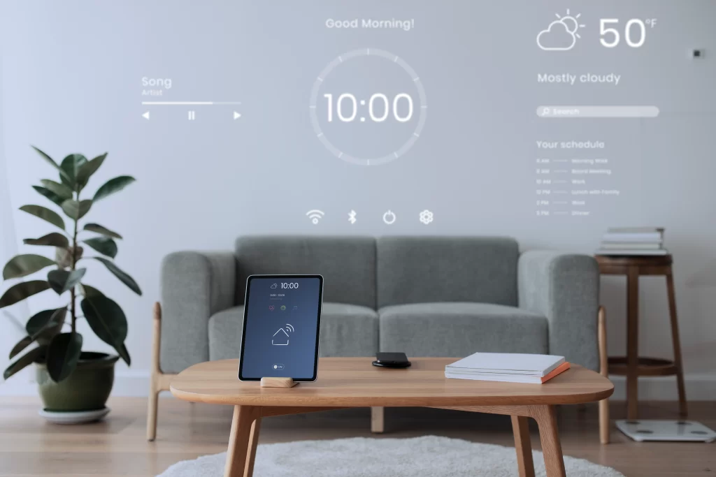 digital tablet screen with smart home controller wooden